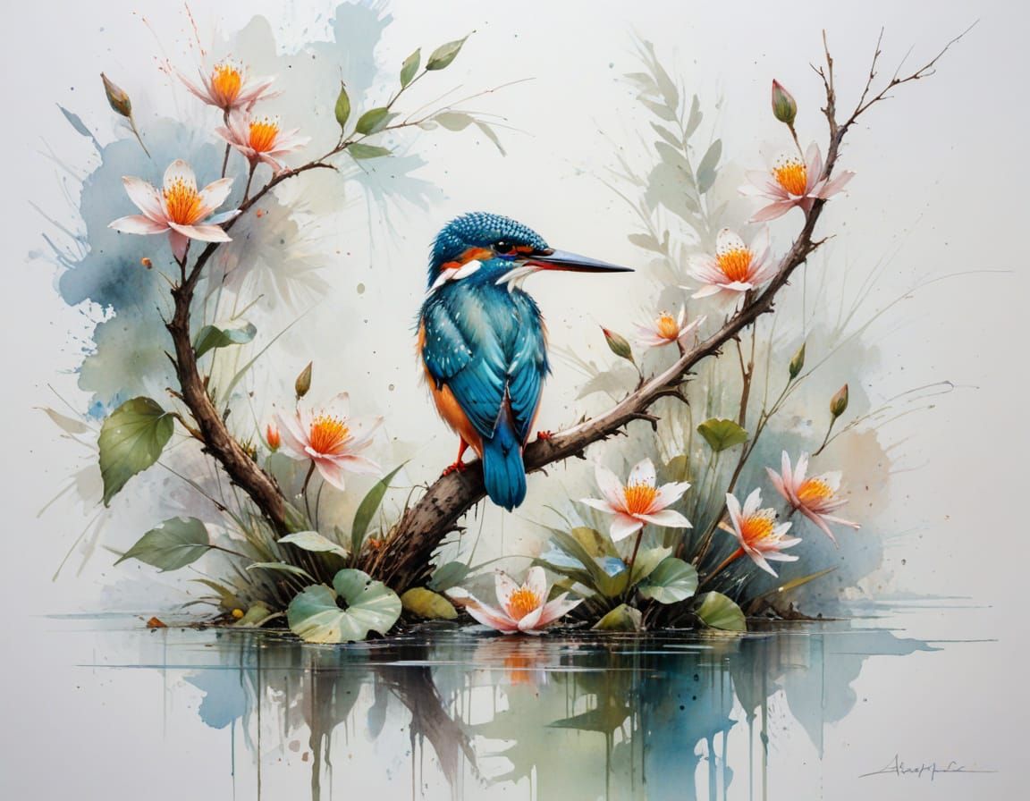 Kingfisher on Lilypad Branch in Watercolour Style