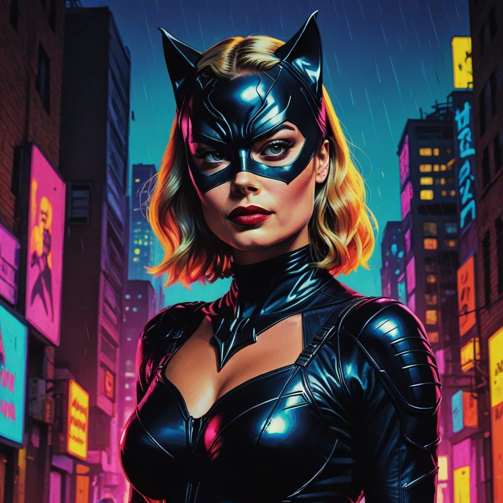 Margot Robbie as Colorful Catwoman in Vibrant Pop Art