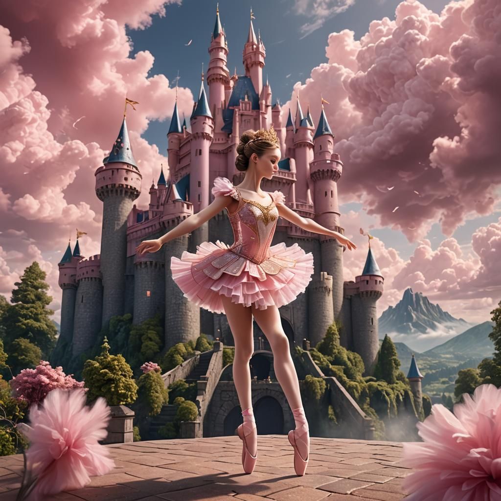 Ballerina Dancing in Pink Tutu Before Cloud Castle