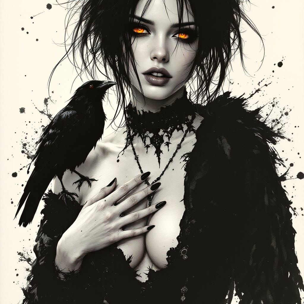 Gothic Beauty Reclines with Raven in a Dark, Atmospheric Por...