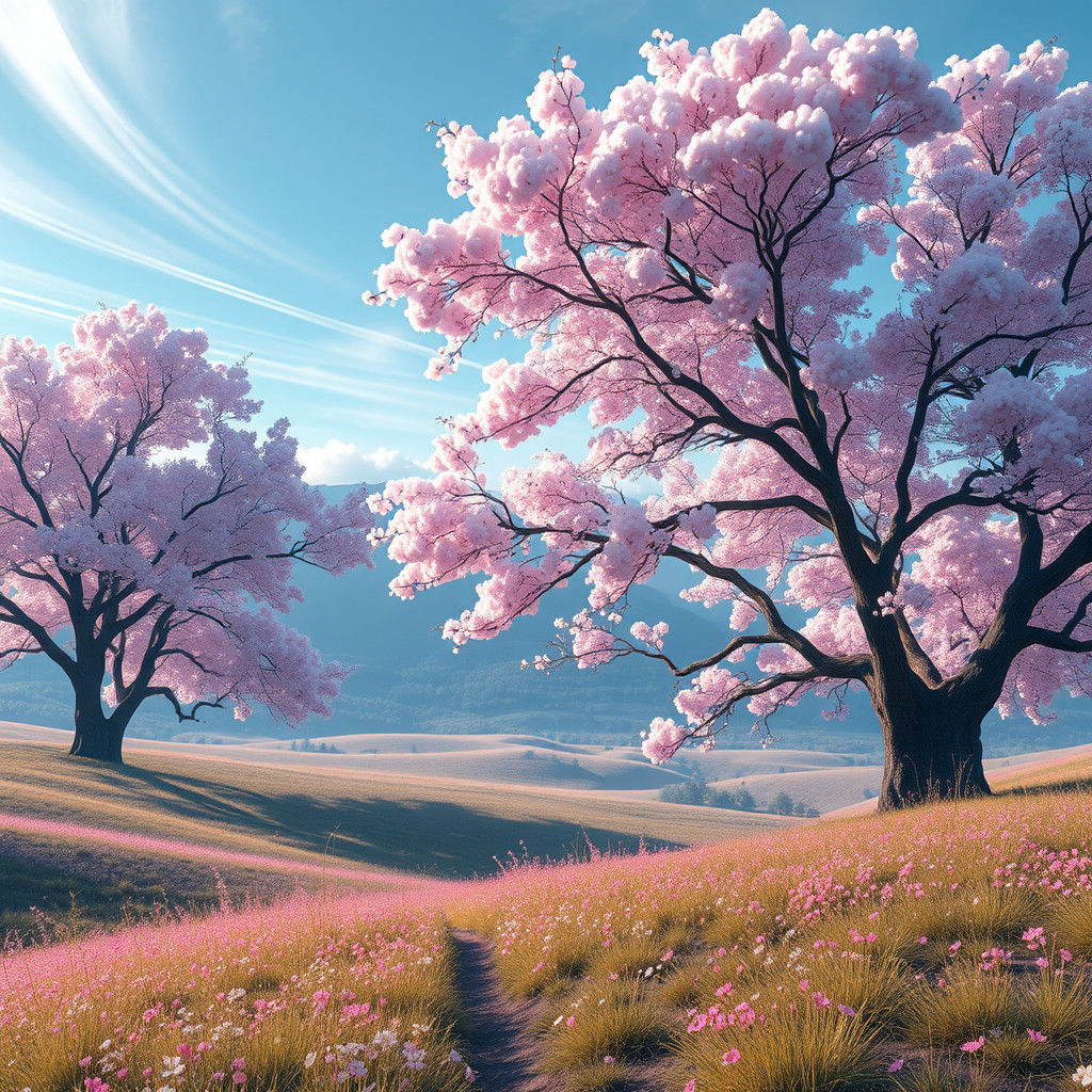 Blossom Trees in Serene Valley Landscape