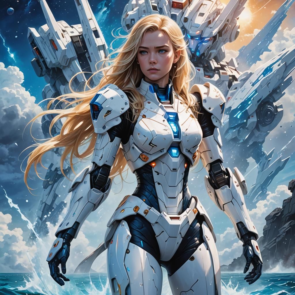 Woman and Gundam Mech in Dynamic Comic Art