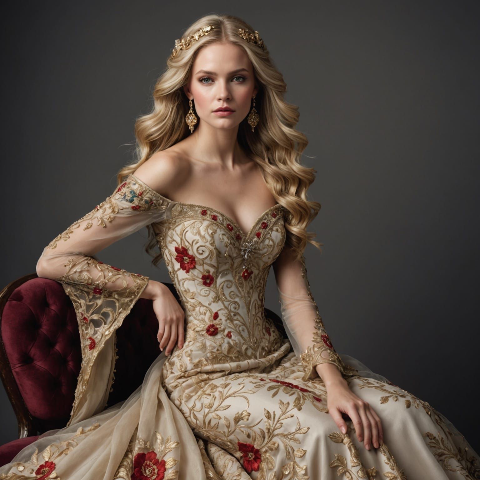 Ethereal Fantasy Princess in Beige and Gold Gown