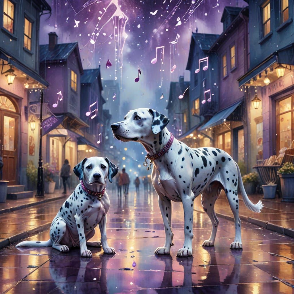 Dalmatians in Rainy City: A Watercolor Nocturne