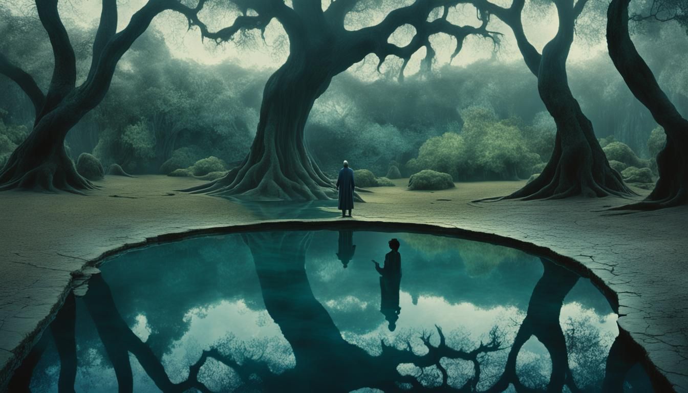 Mystical Figure Reflecting in Surreal Pool