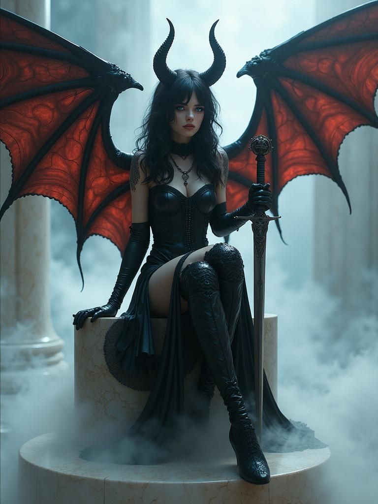 Mysterious Dark Angel with Scimitar in Ethereal Setting