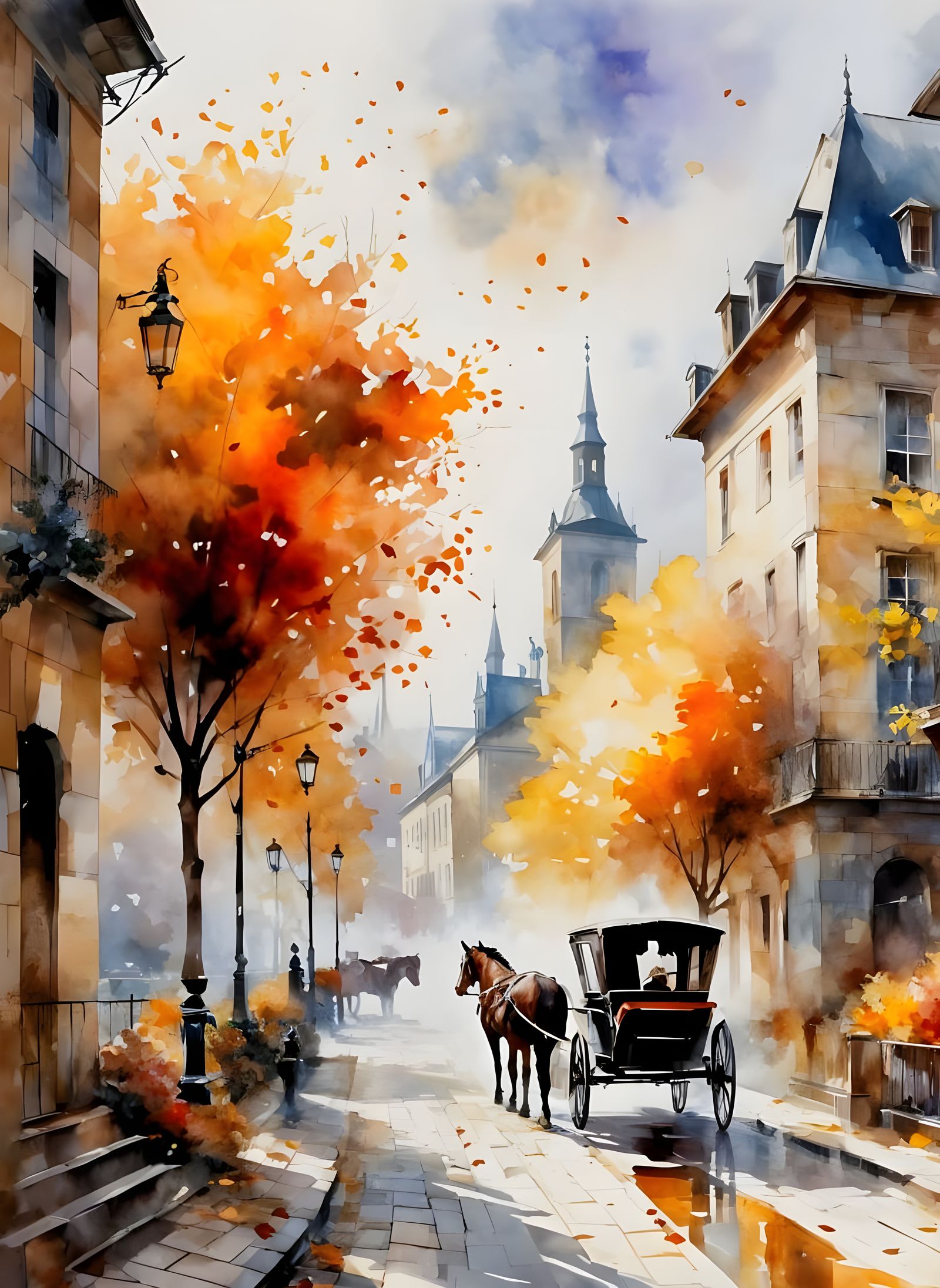Fairytale Autumn Carriage Ride in Watercolor Style