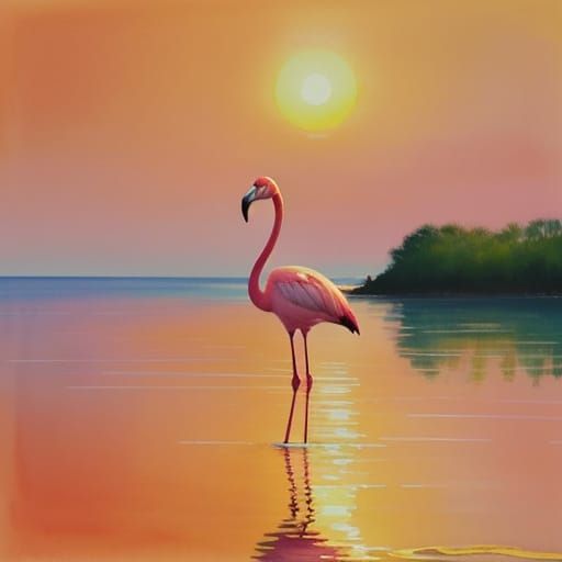 Flamingo at Sunset Watercolor Painting