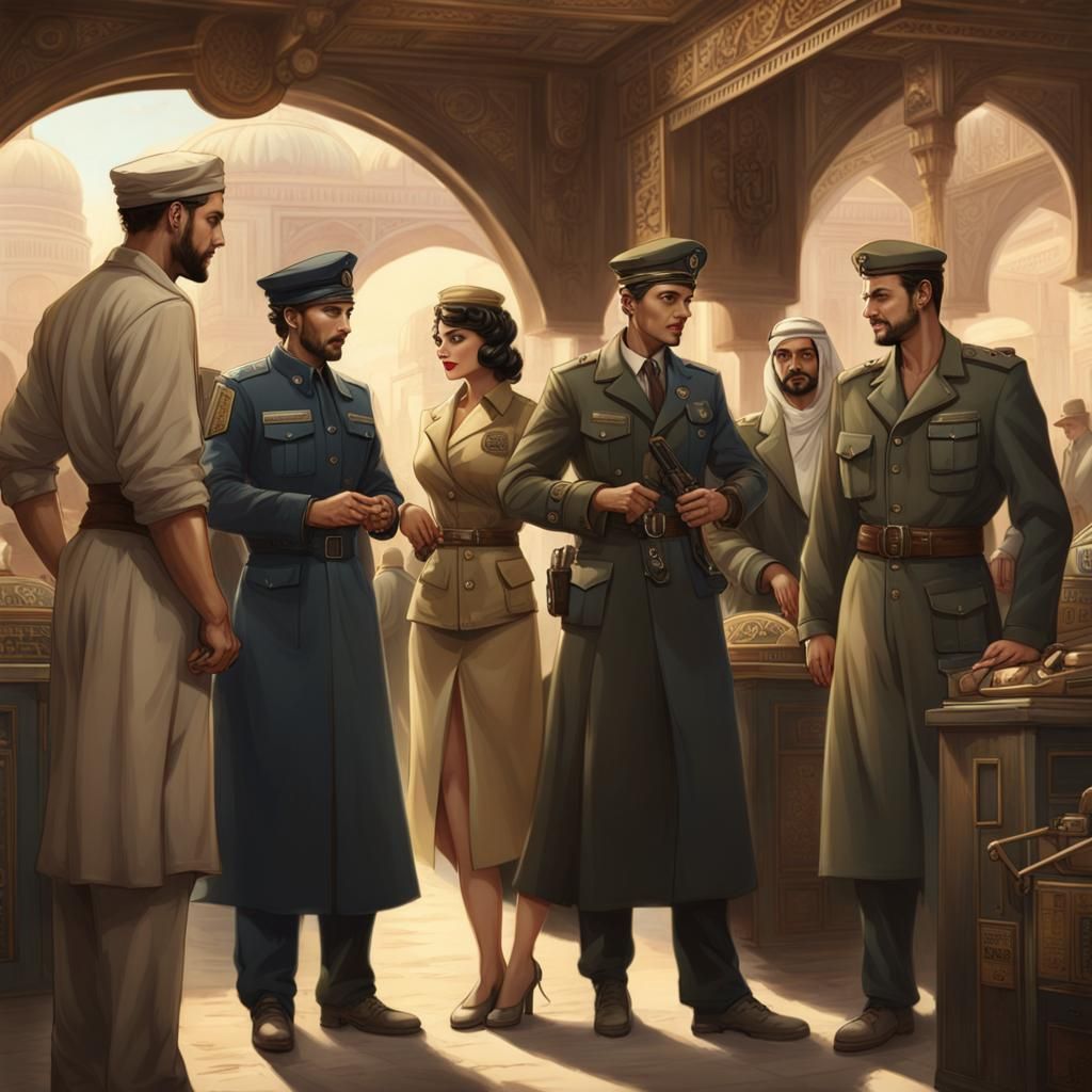 Dieselpunk Lady Officer Negotiates with Arabian Merchants