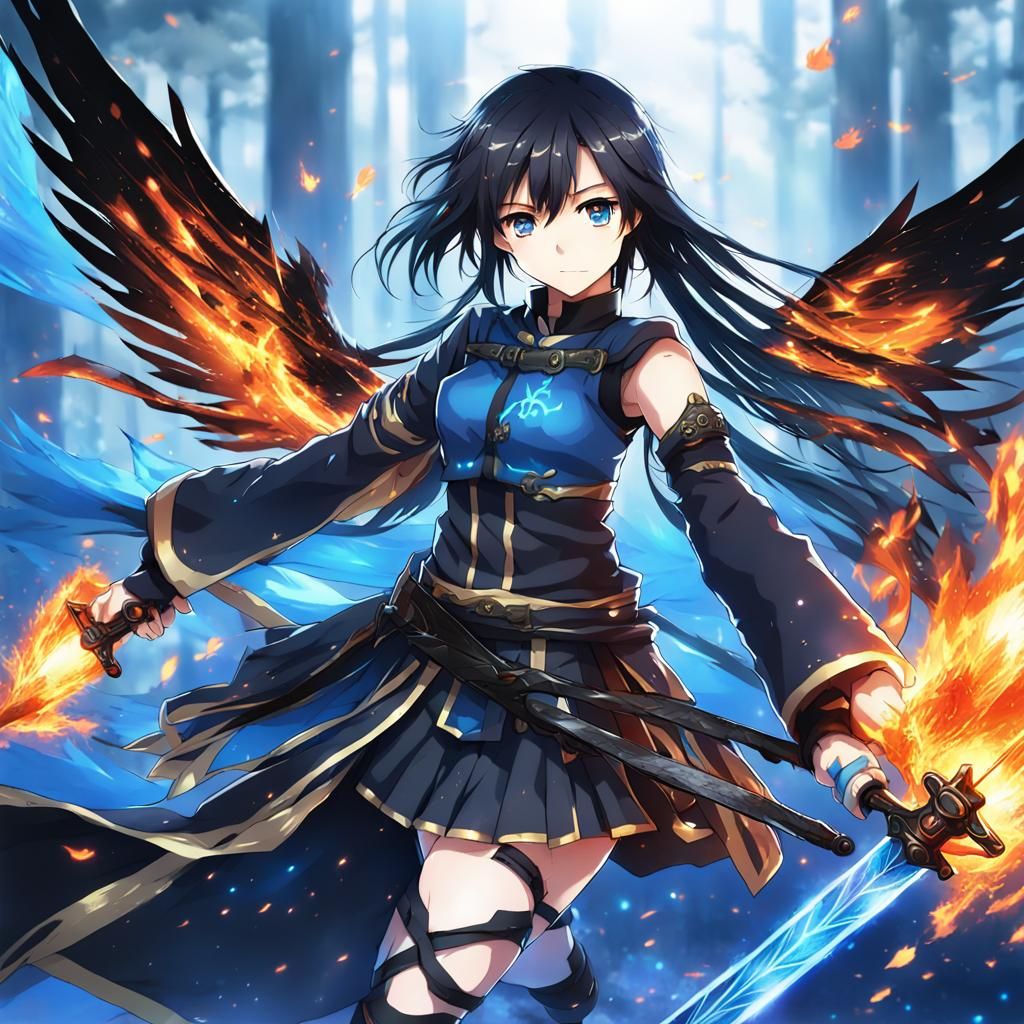 Anime Girl with Fire Sword and Black Wings