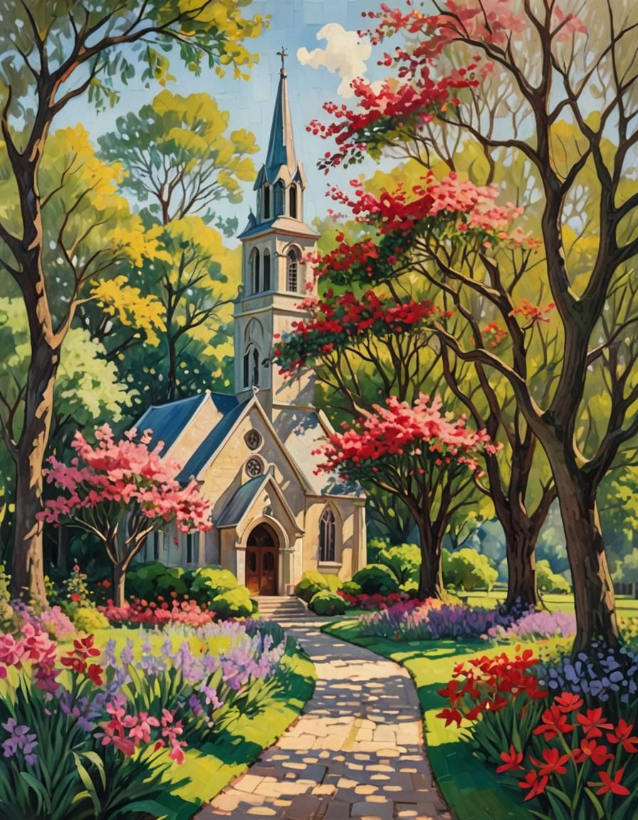 Impressionist Church with Stained Glass and Red Flower