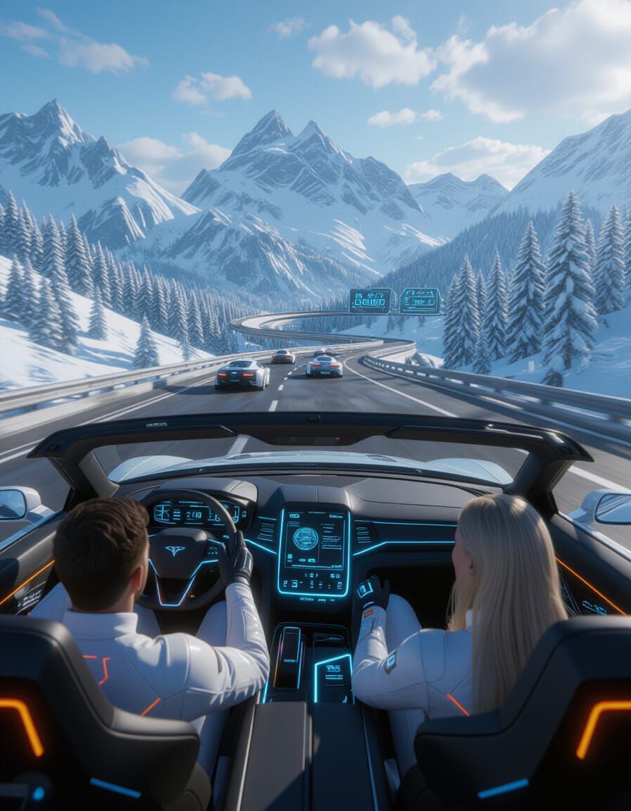 Futuristic Car Race Through Mountain Pass