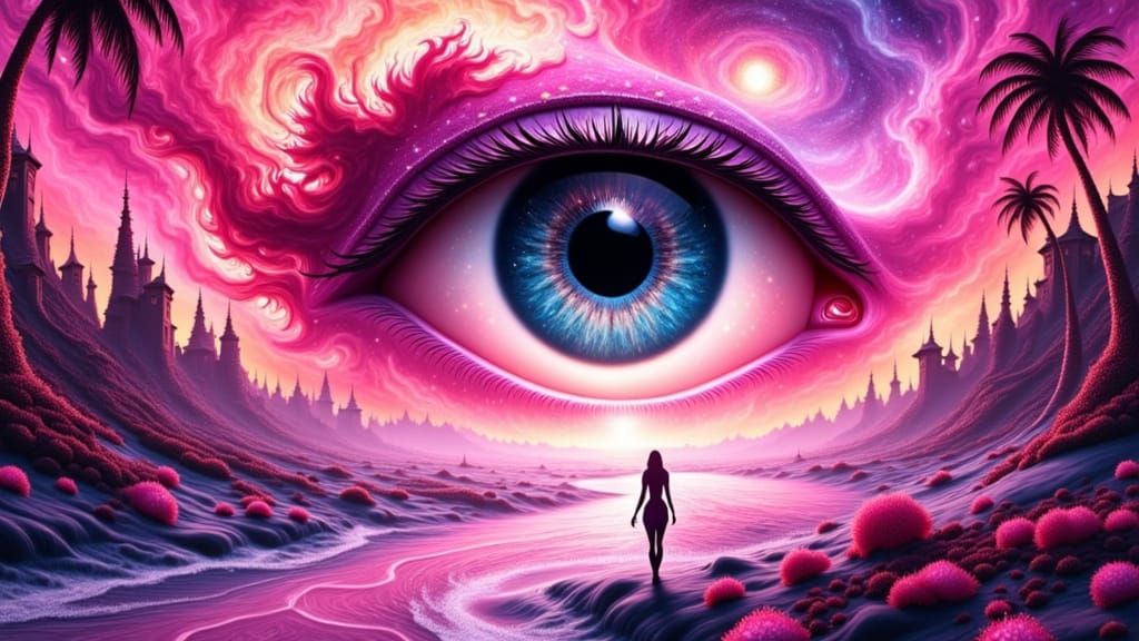 Pink Surreal Art: Dragon Fruit, Jay, Whale in Eye