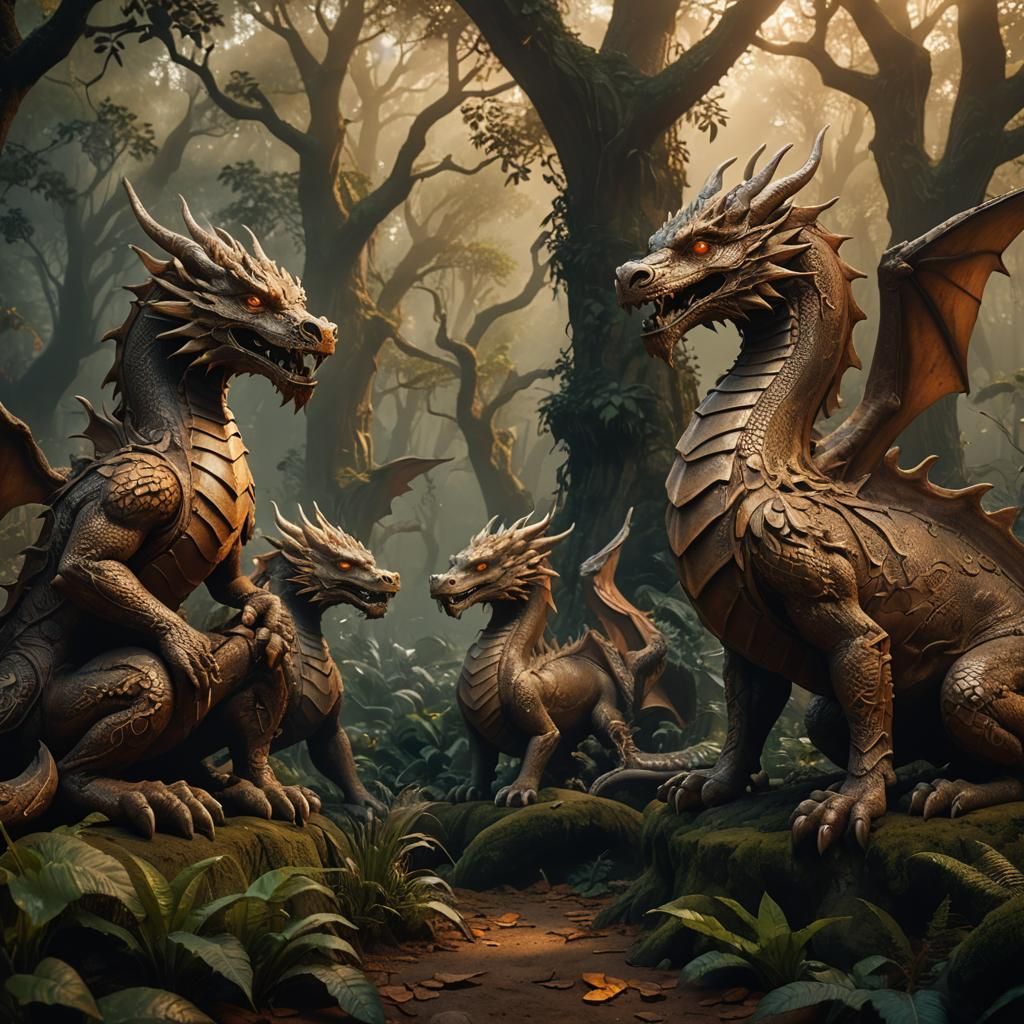 Terracotta Dragons in Mystical Forest Art