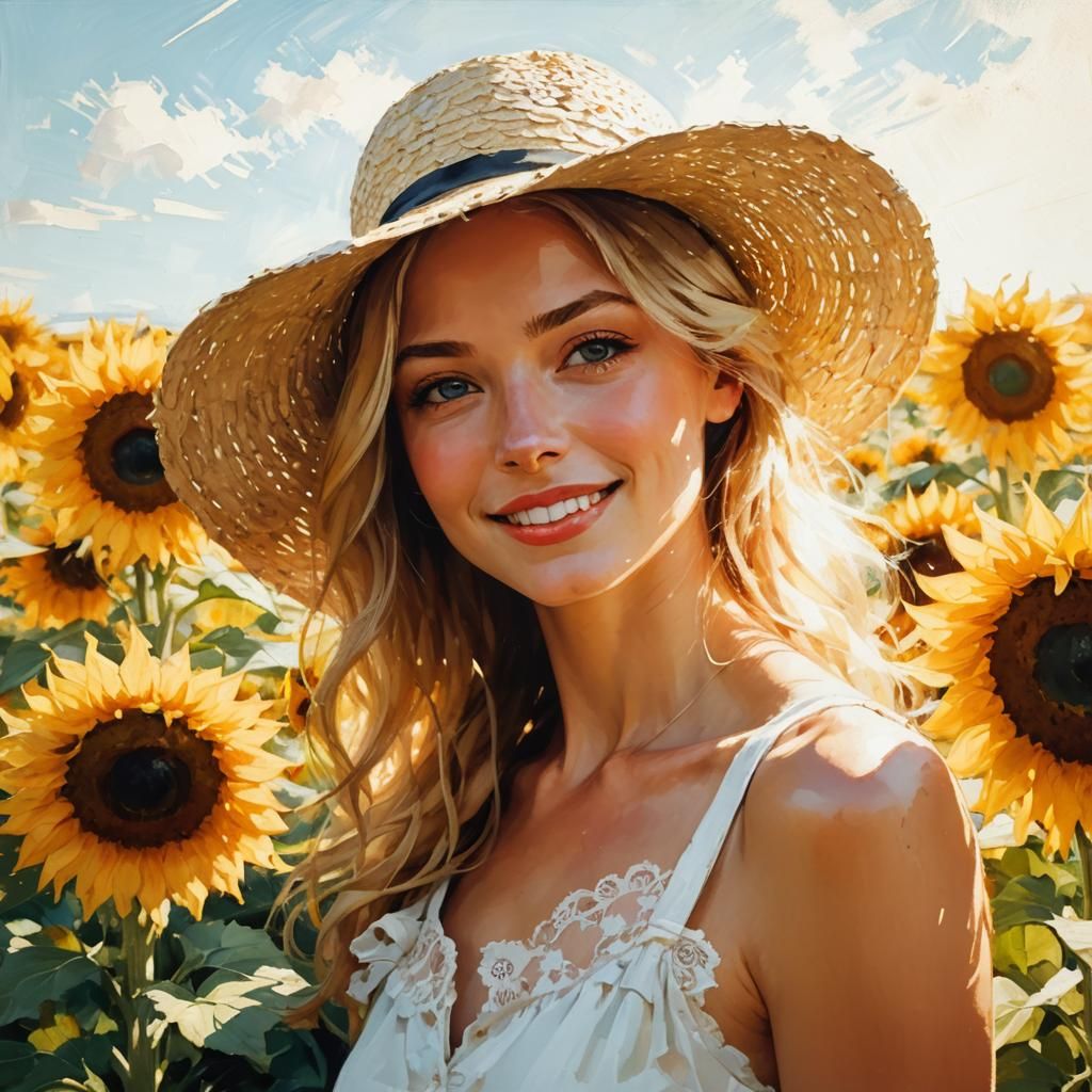Sunflower Field Portrait in Romantic Realism Style