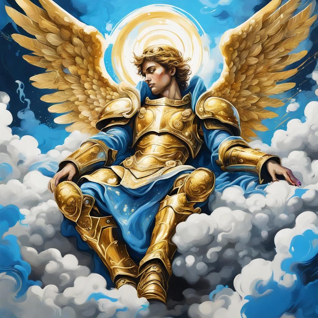 Angel in Golden Armor on Clouds, Graffiti Art