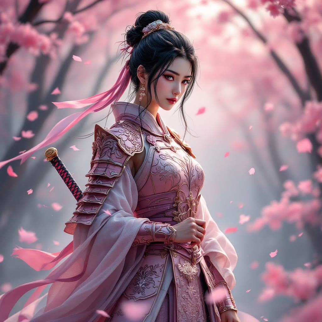 Serene Samurai in Misty Pink Forest at Dawn