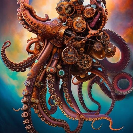 Steampunk Octopus Engine Masterpiece in Coral Reef