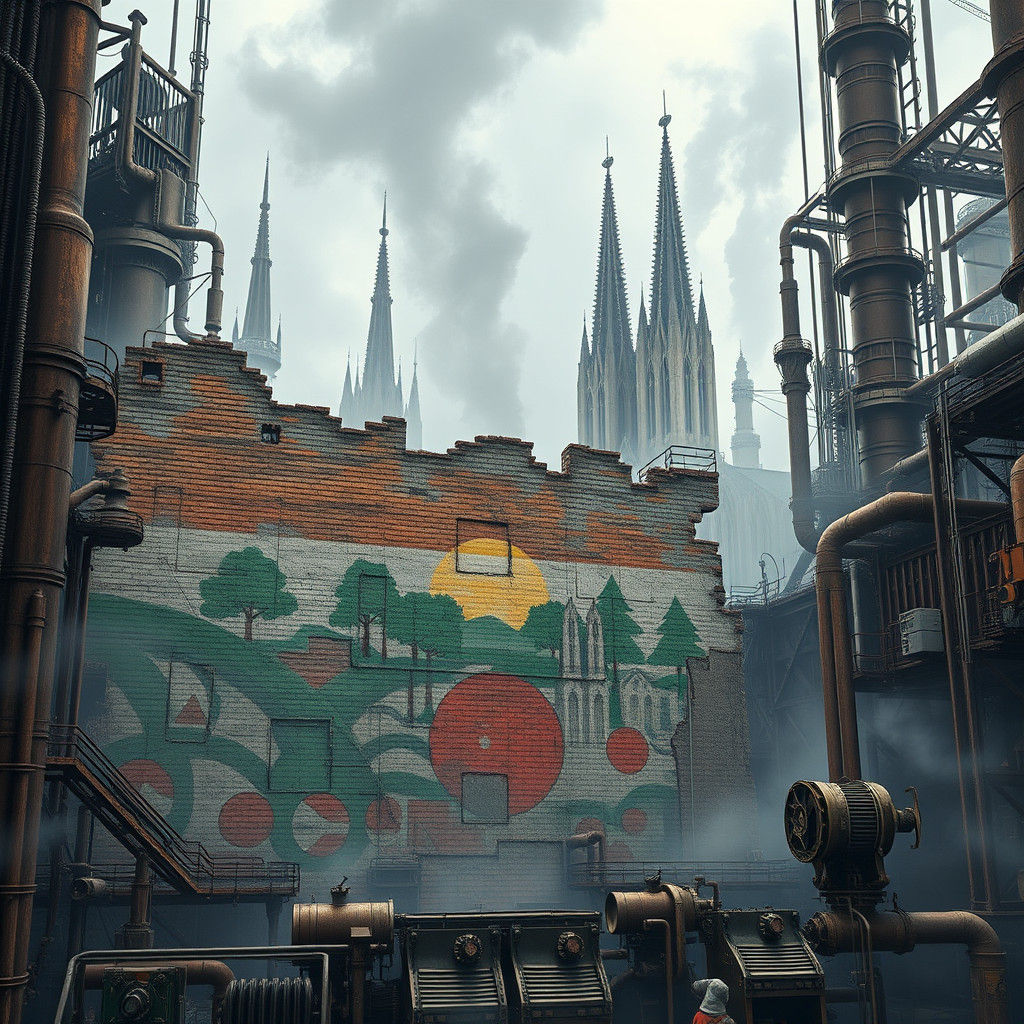 Dystopian Metropolis with Steampunk Elements and Street Art