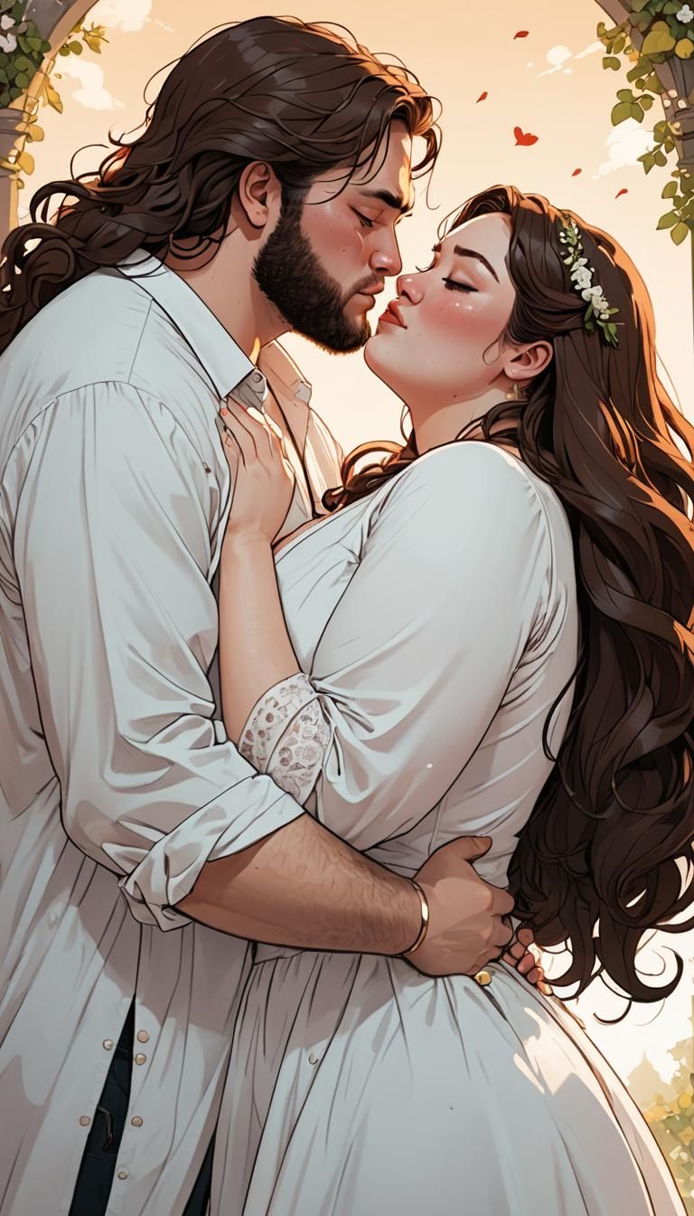 Plus-Size Woman and Skinny Boyfriend Kissing