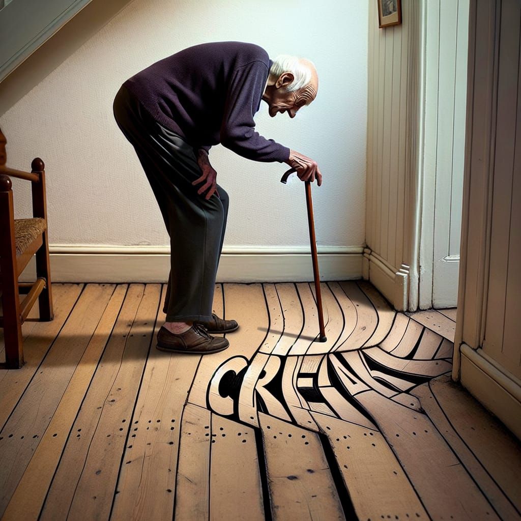 Elderly Man Walking with Cane on Old Floorboards