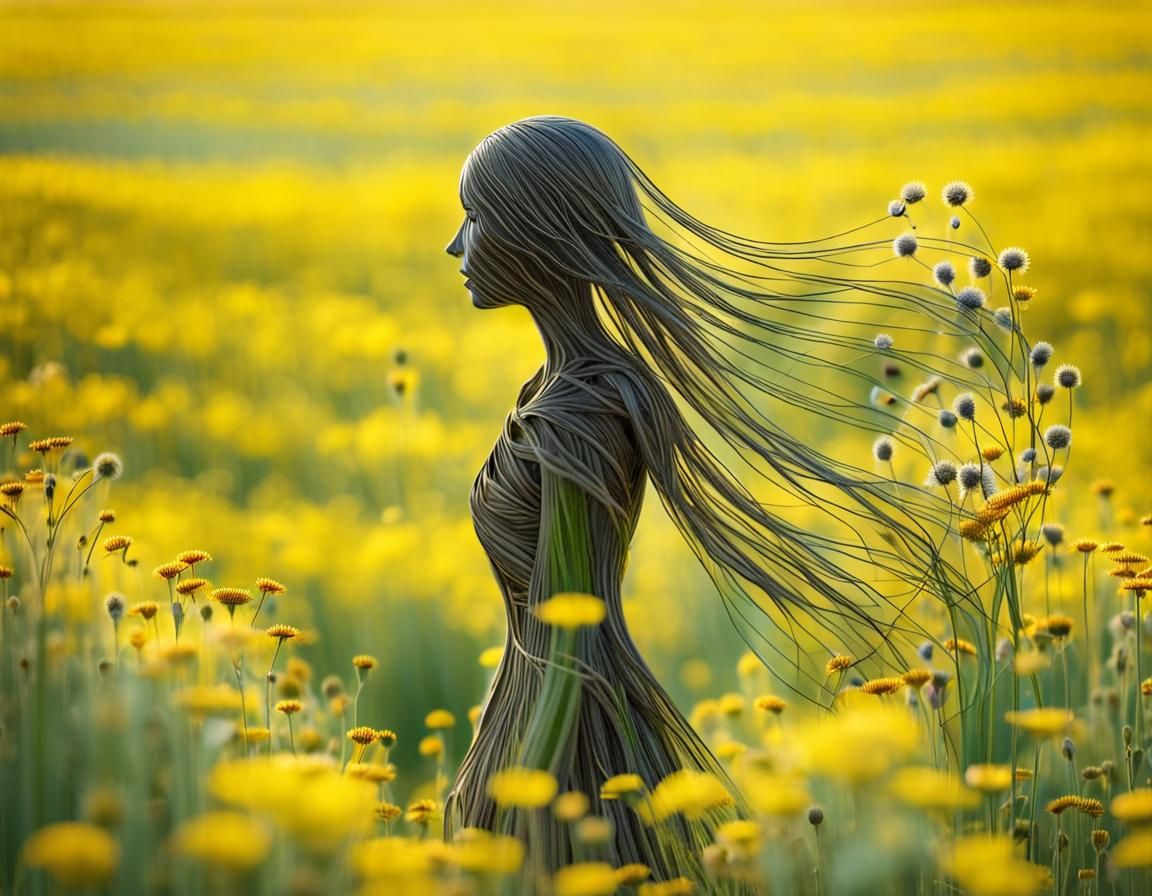 Botanical Woman Figure in Flowing Flower Field