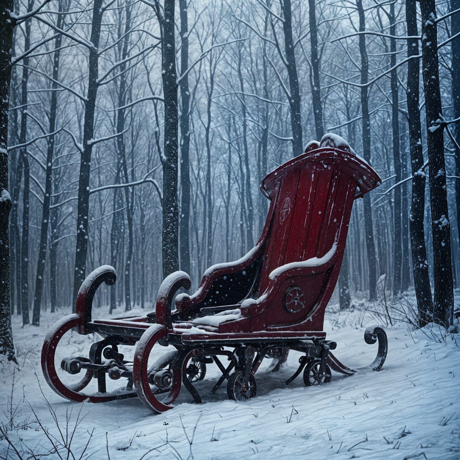 A Red Winter Sled Amidst Foreboding Snowfall