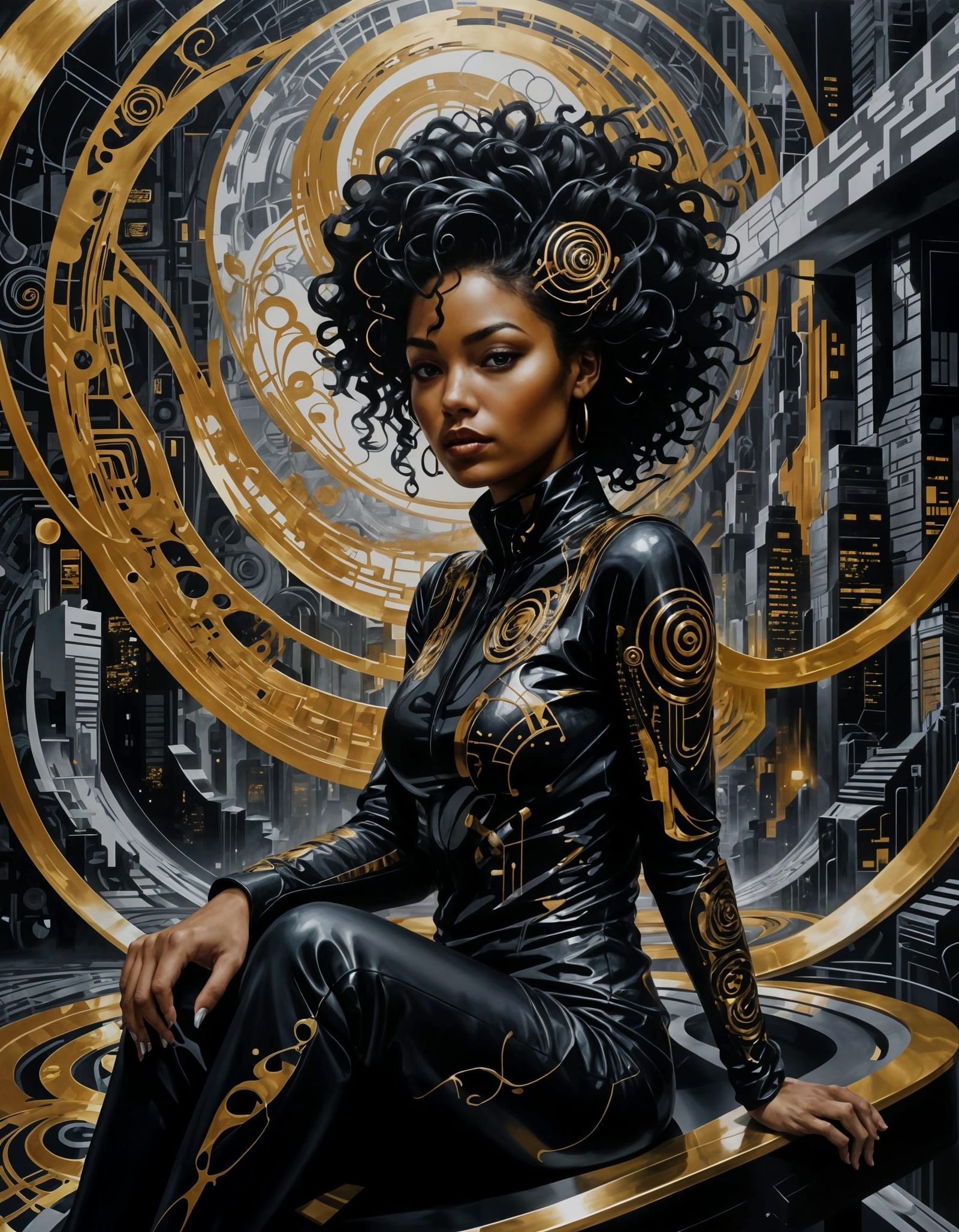 Futuristic Woman in Dystopian Metallic Cityscape