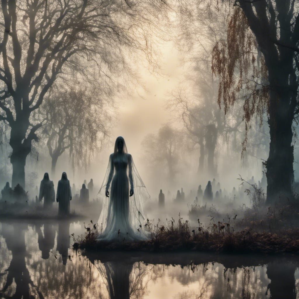 Ethereal Girl Drifting in Misty Park