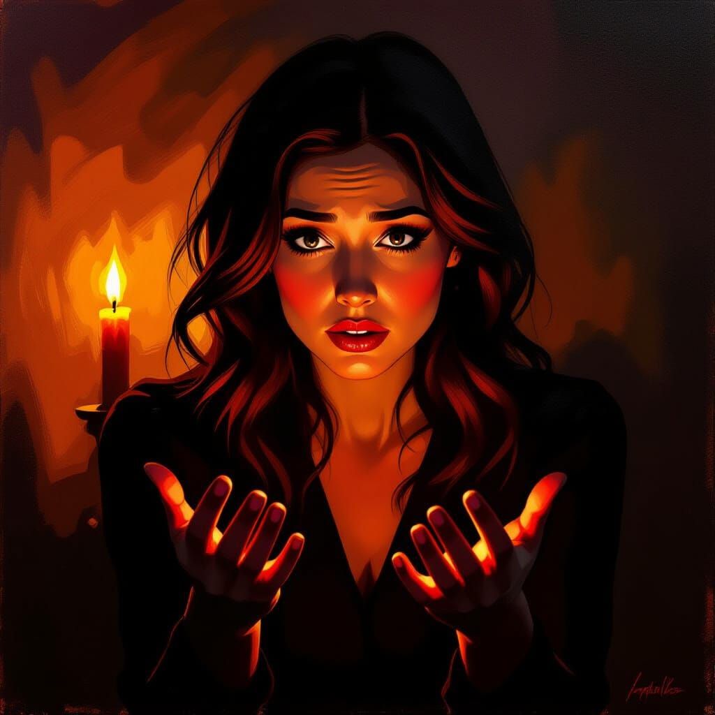 Eerie Oil Painting: Woman Telling Horror Story