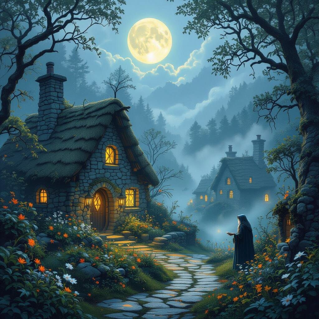 Enchanted Celtic Village in Moonlight, Mucha Style