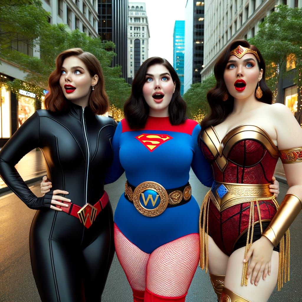 Curvy Women Cosplay Superheroines in Cityscape