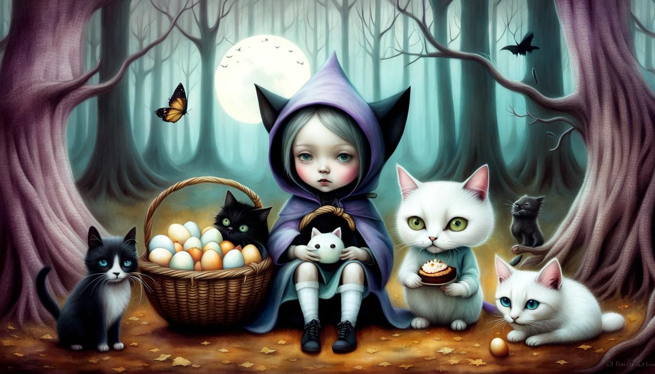 Surreal Child and Cat Picnic, Fantasy Illustration