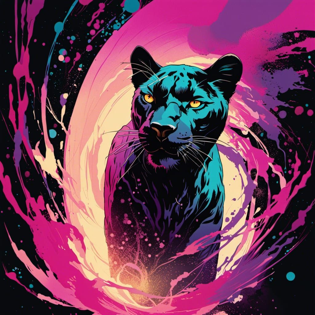 Panther Emerges from Purple Vortex in Cyberpunk Style