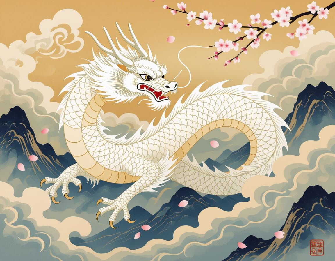 White Dragon in Misty Mountains, Ukiyo-e Style