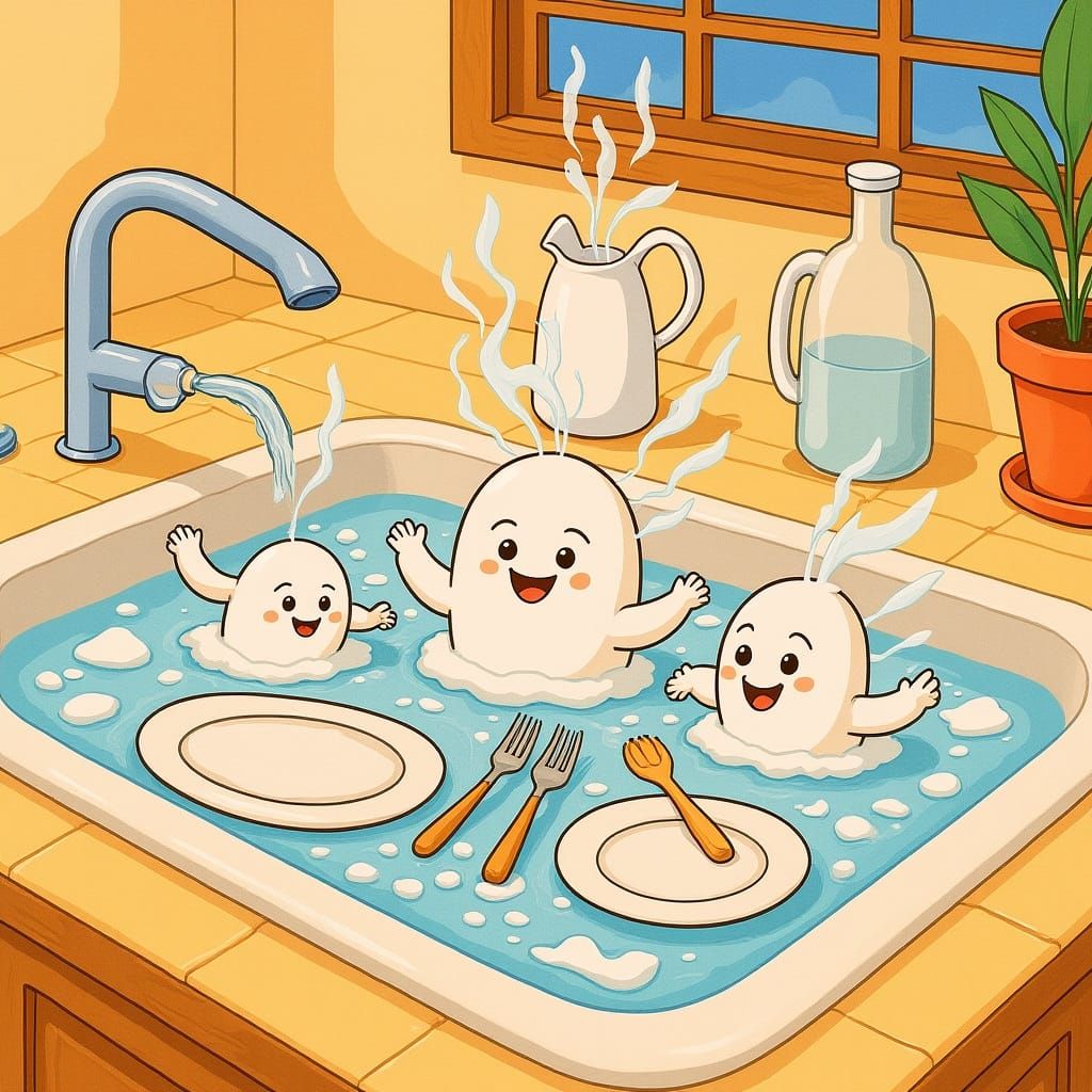 Whimsical Dishes Dance in Sudsy Sink, Vintage Illustration S...