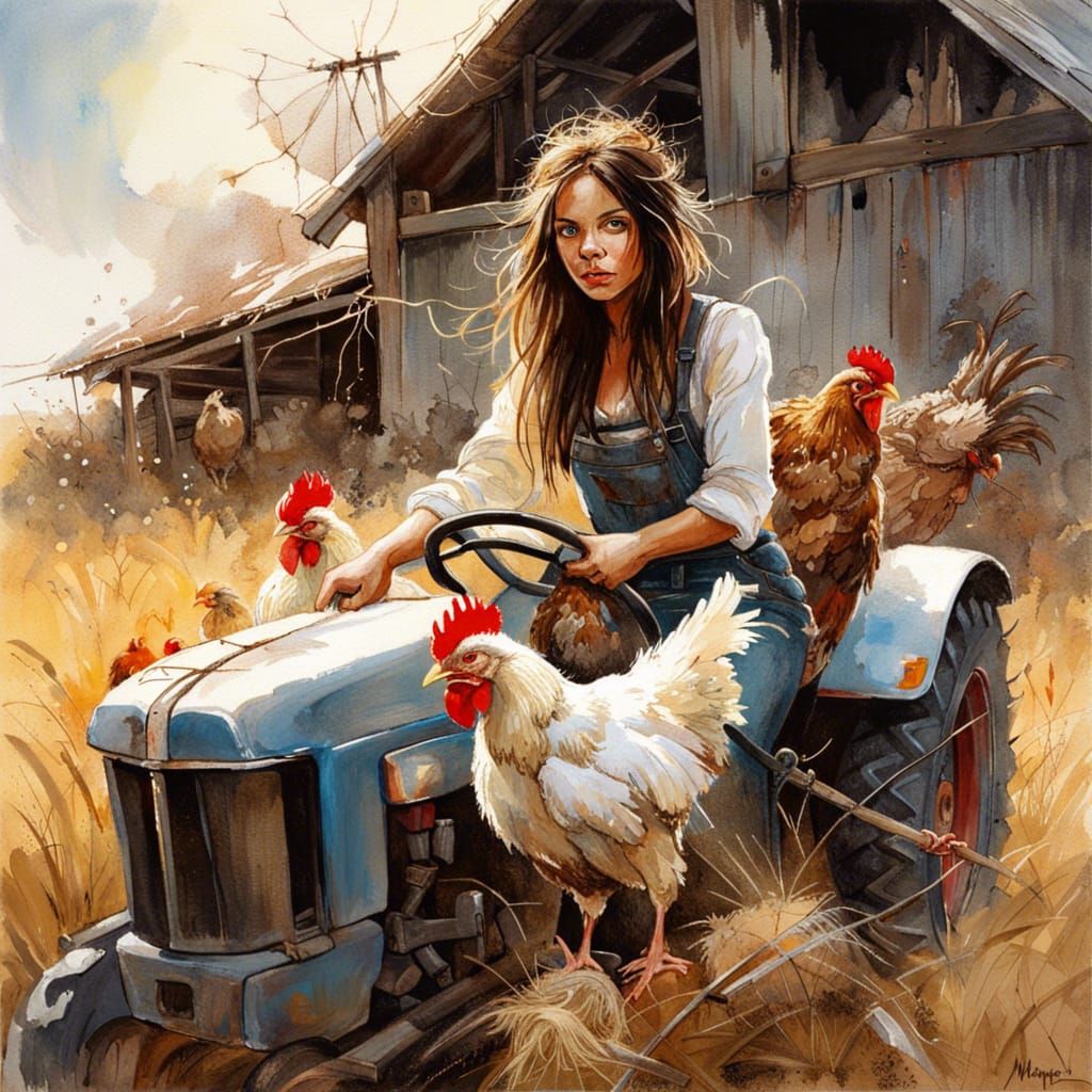 Chickens and Tractor in a Fantasy Field