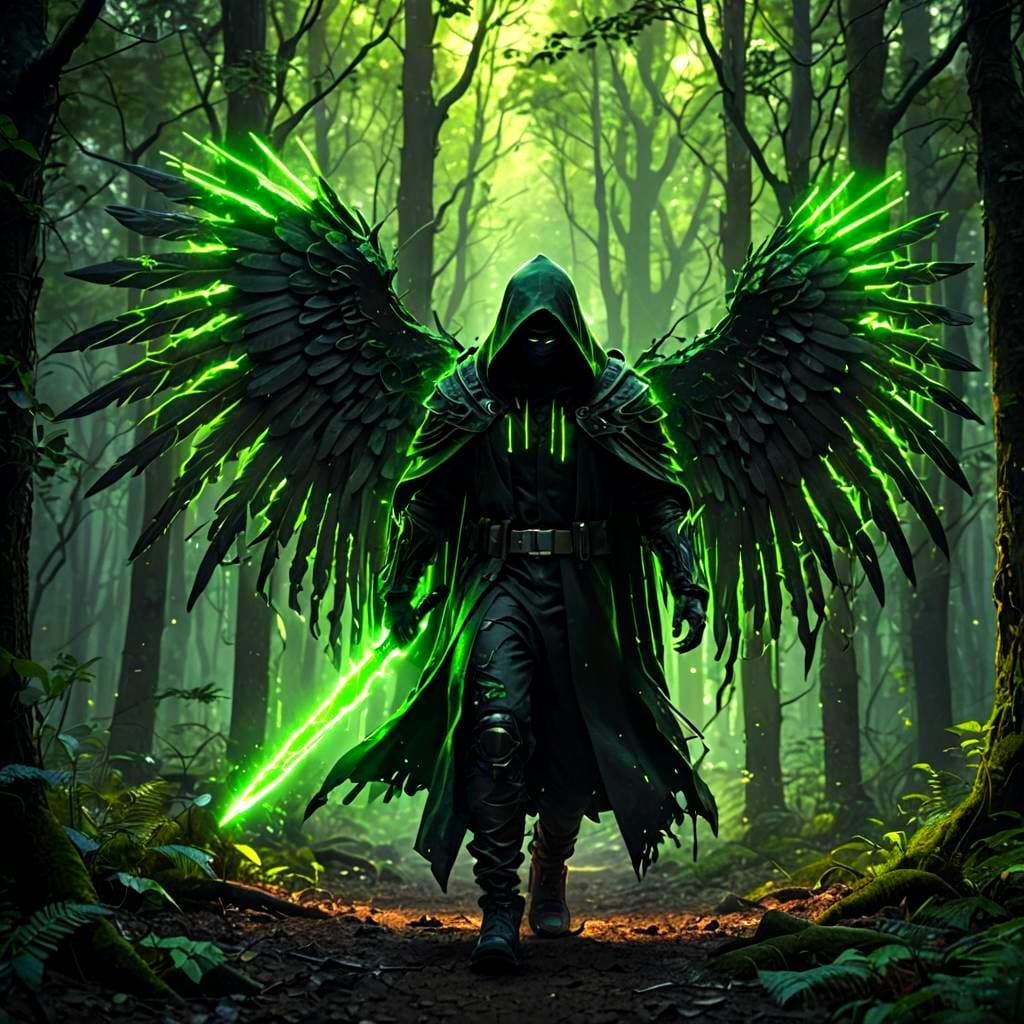 Neon-Winged Figure in Dark Forest, Detailed Matte Painting