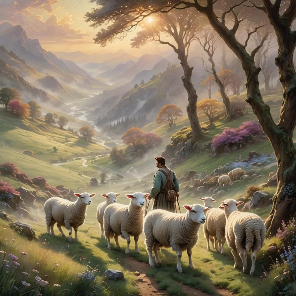 Lamb Follows Shepherd in Ethereal Fantasy Landscape