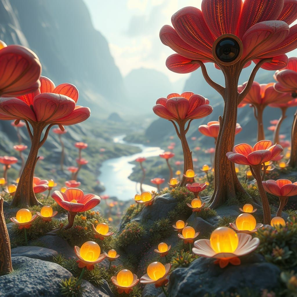 Dans un paysage surréaliste des plantes géantes en 3D specta...