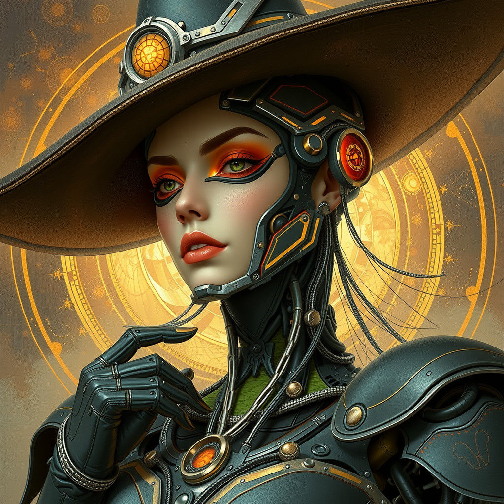 Gorgeous Robot Witch Digital Painting in Golden Ratio