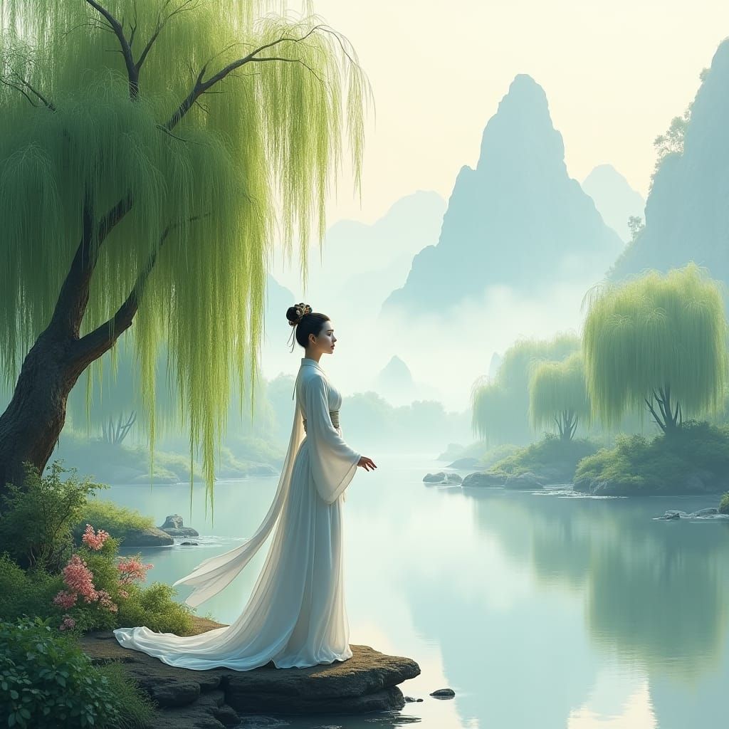 Chinese Woman in Hanfu by River in Classical Style