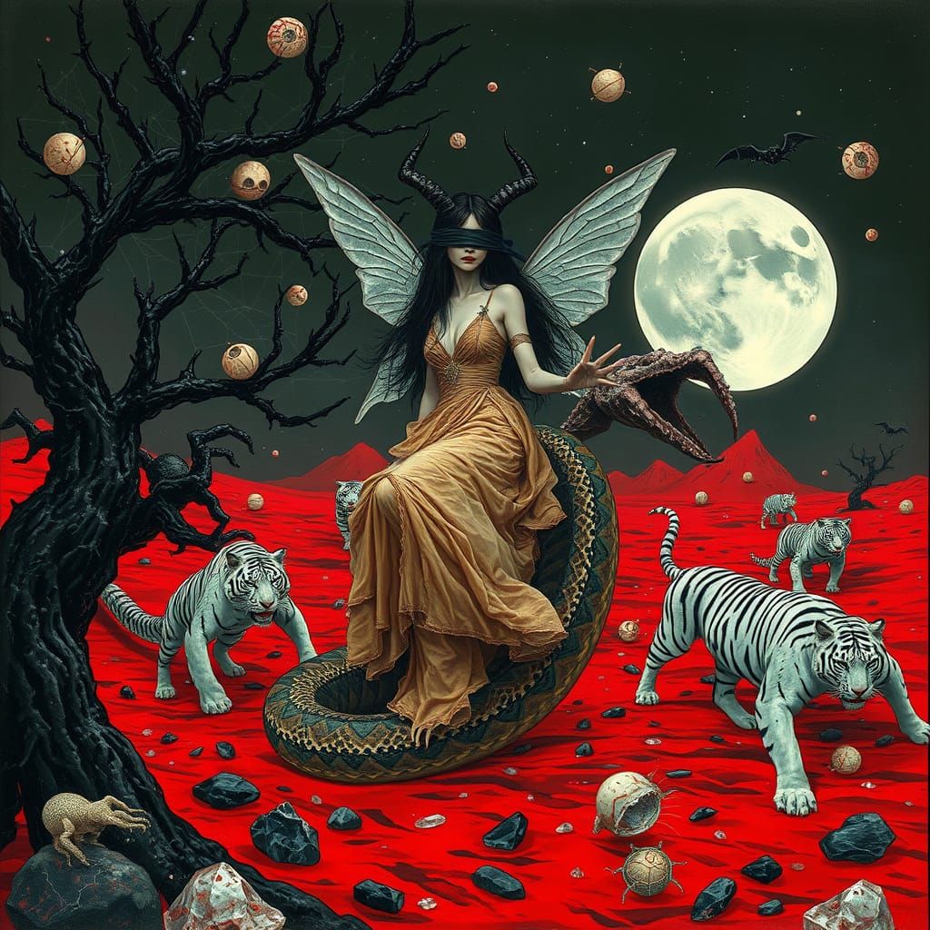 Surreal Woman Riding Snake in Red Crystal Desert