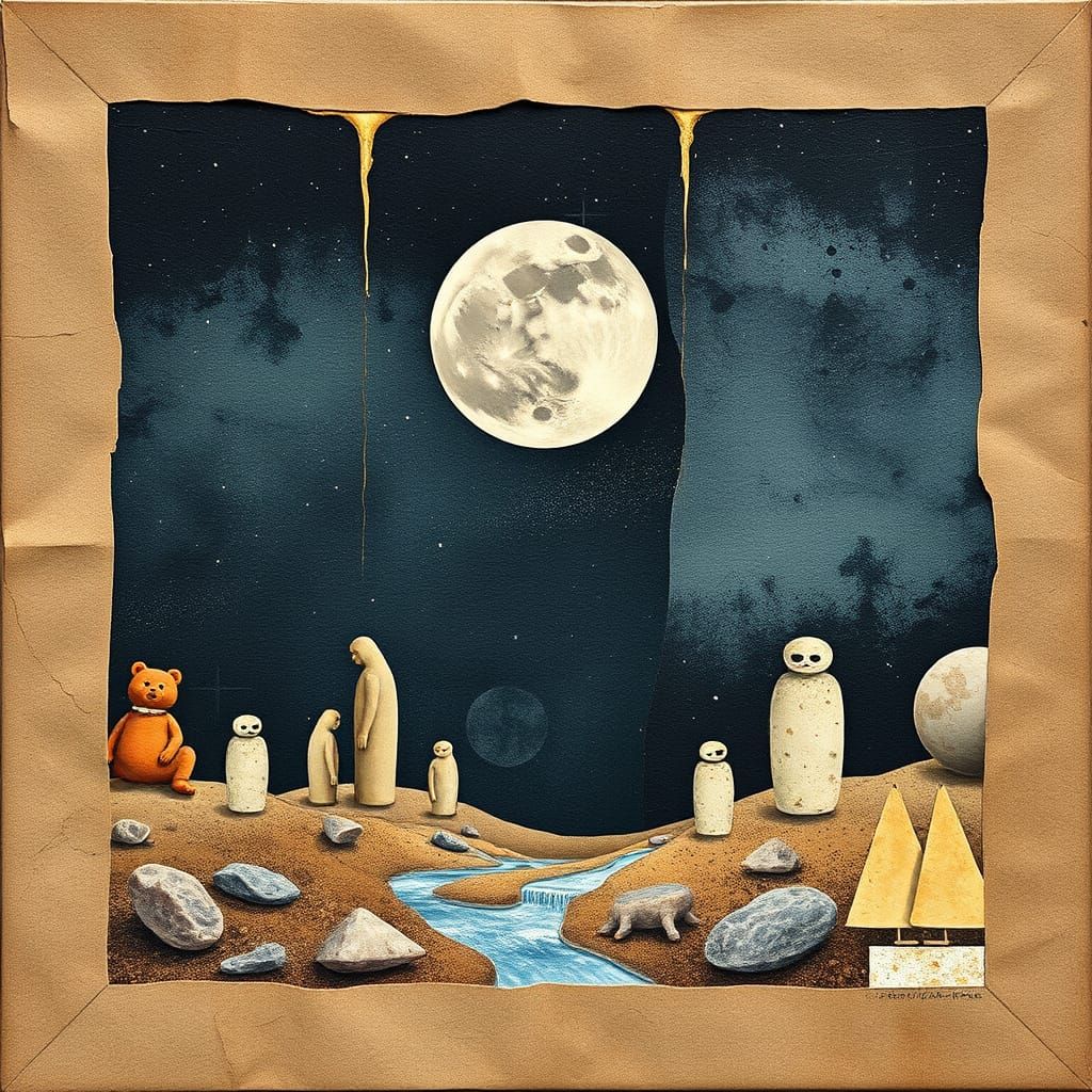 Mixed Media Collage of Moon Falling