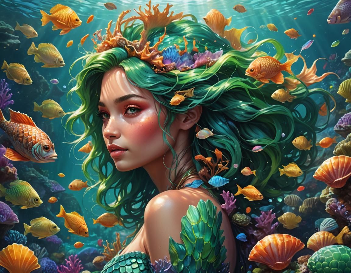 Radiant Mermaid Shimmers Above Coral Reef in Digital Art