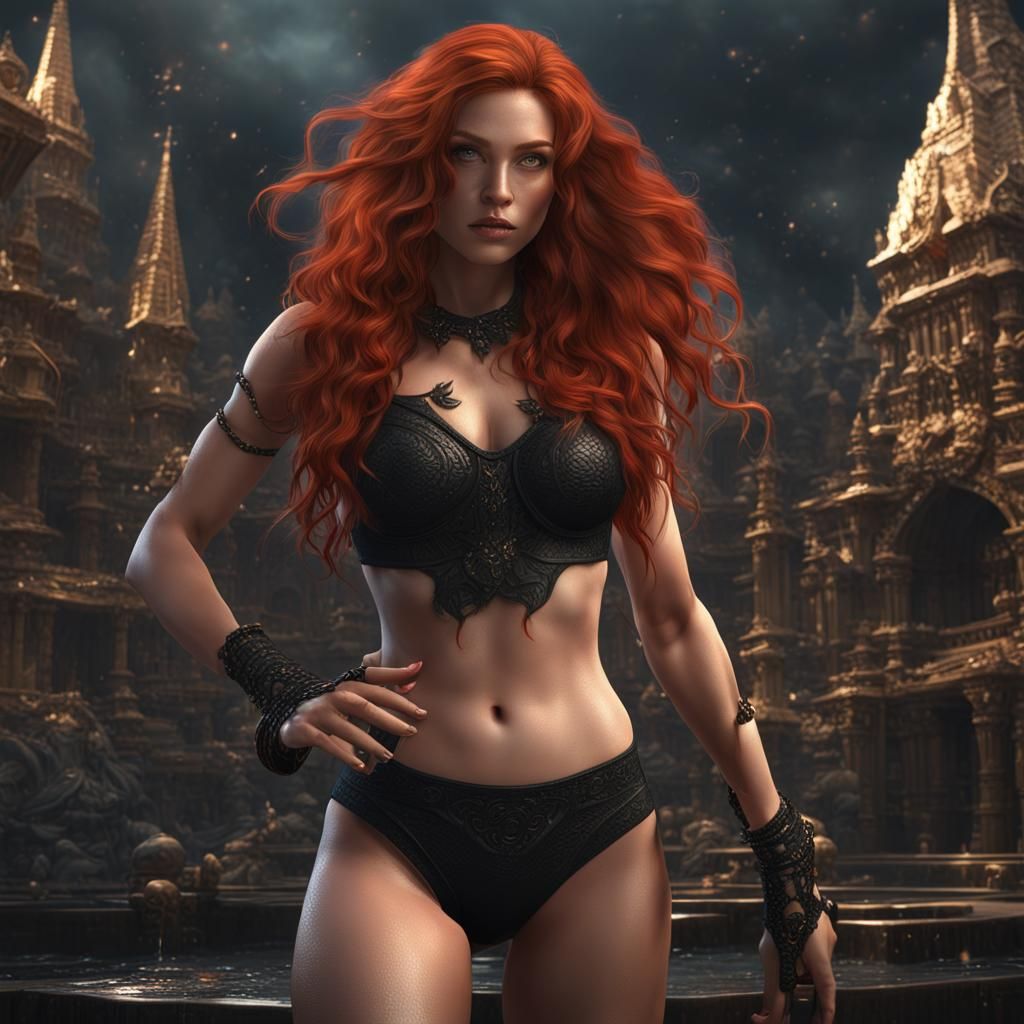 Curvy Redhead in Black Bikini: Detailed Matte Painting