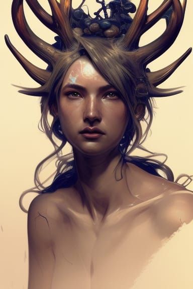 Hokusai Portrait with Antlers, Hyperdetailed Art