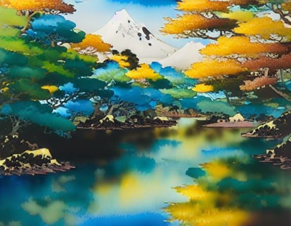 Whimsical Japanese Landscape in Neo-Impressionist Style