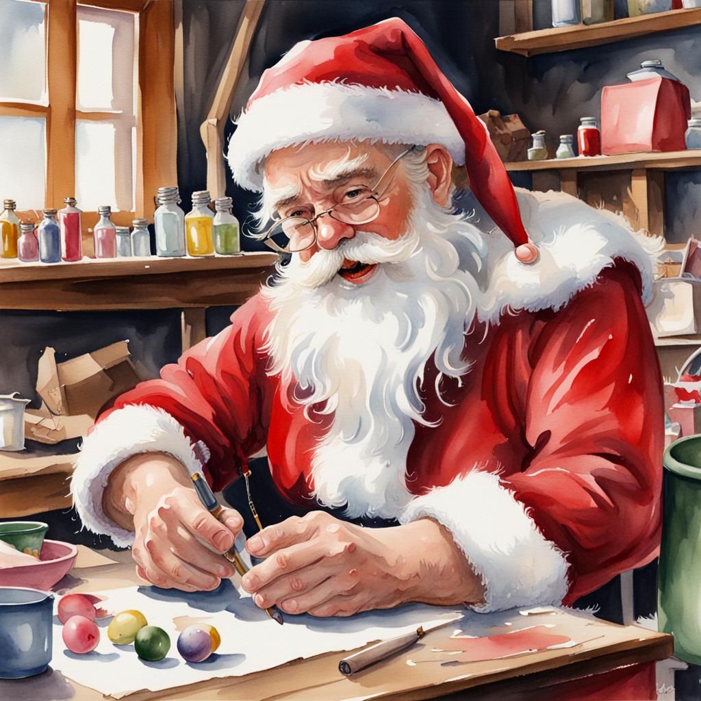 Festive Santa's Workshop in Watercolor Style