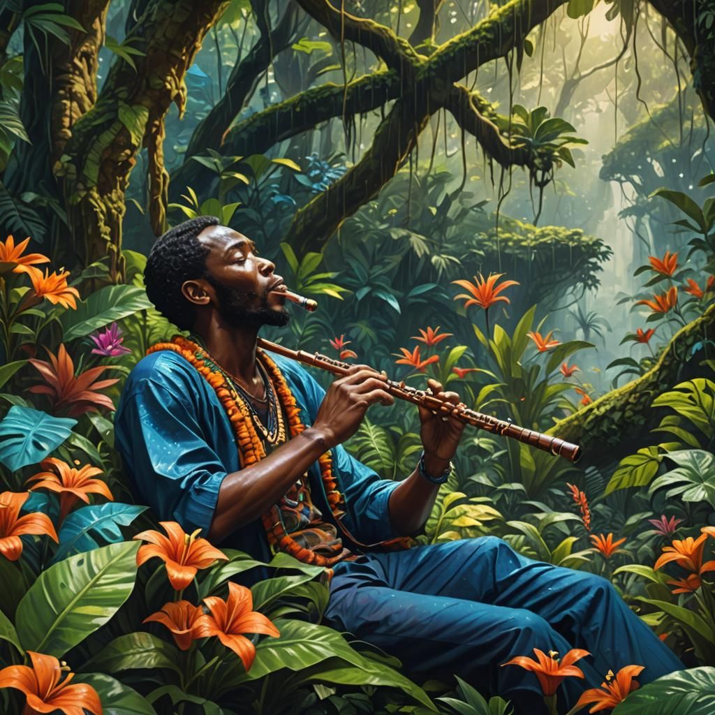 African Flutist in Igbo Rainforest: Matte Painting